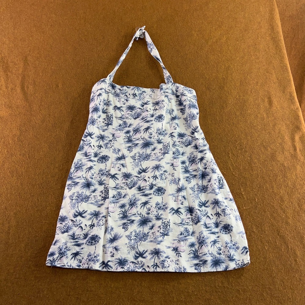 Abercrombie & Fitch Womens XL Blue Tropical Toile Linen Blend Halter Mini Dress